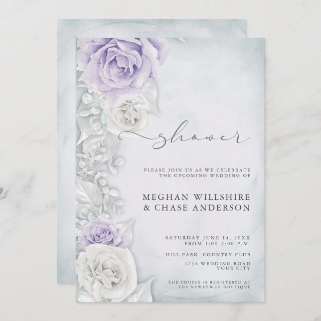 Elegant Lilac och Vit ros Möhippa Inbjudningar (Fram/baksida)