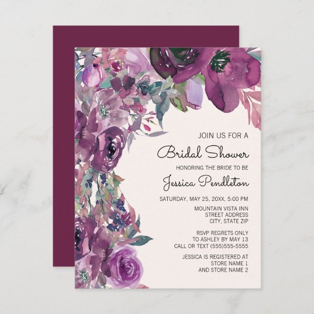 Elegant Lilac Plum Lila Blommigt Möhippa Inbjudningar (Fram/baksida)