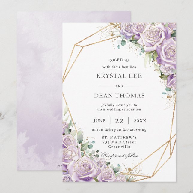 Elegant Lilac Purple Floral Gold Geometric Wedding Inbjudningar (Fram/baksida)
