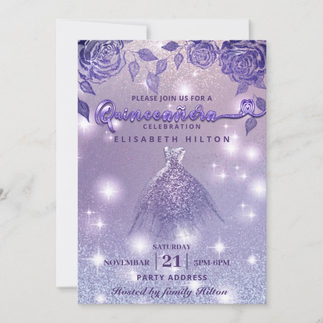 Elegant Lilac ro moderna Glitter klänning Inbjudningar (Framsida)