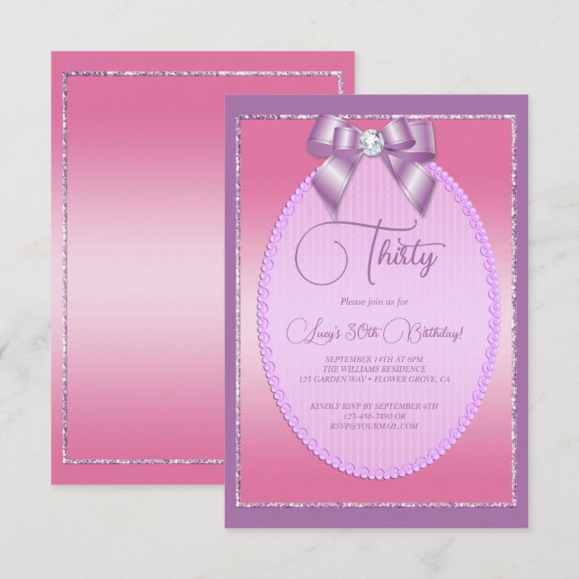 Elegant Lilac & Rosa Jewel Bow Birthday Inbjudningar (Fram/baksida)