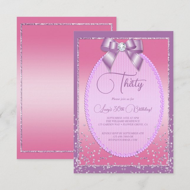 Elegant Lilac & Rosa Jewel Bow & Confetti Birthday Inbjudningar (Fram/baksida)