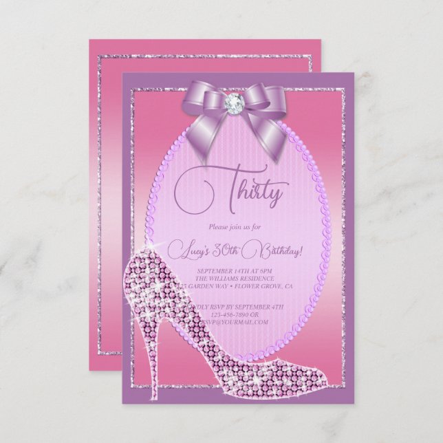 Elegant Lilac & Rosa Jewel Bow & Stiletto Birthday Inbjudningar (Fram/baksida)