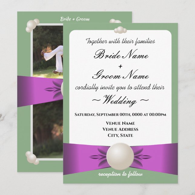 Elegant Lilac & Sage Pearl Ribbon Photo Bröllop Inbjudningar (Fram/baksida)