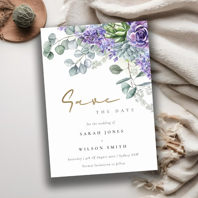 Elegant Lilac Succulent Eucalyptus Botanical Bunch Spara Datumet (Skapare uppladdad)