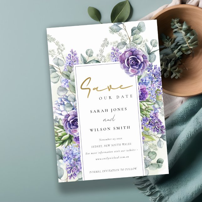 Elegant Lilac Succulent Eucalyptus Botanical Ram Spara Datumet (Skapare uppladdad)