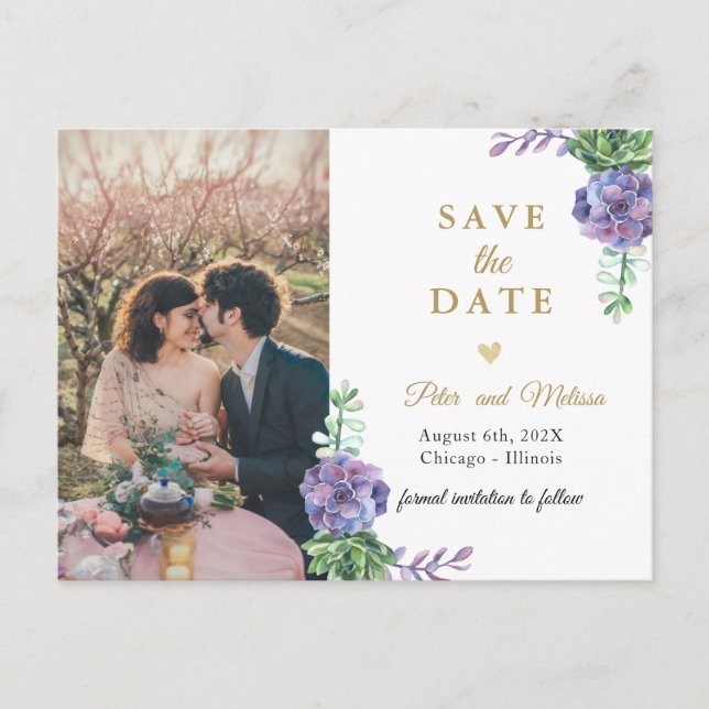 Elegant Lilac Succulents Photo Save Date Helg Vykort (Framsida)