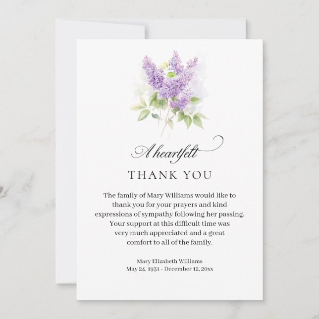 Elegant Lilac Watercolor Blommigt Funeral Tack (Framsida)