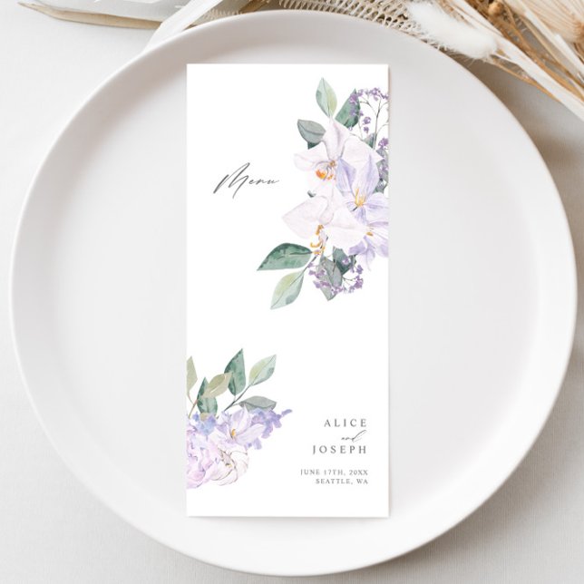 Elegant Lilac Watercolor Bröllop Middag Meny (Simple Elegant Lilac Watercolor Wedding Dinner Menu)