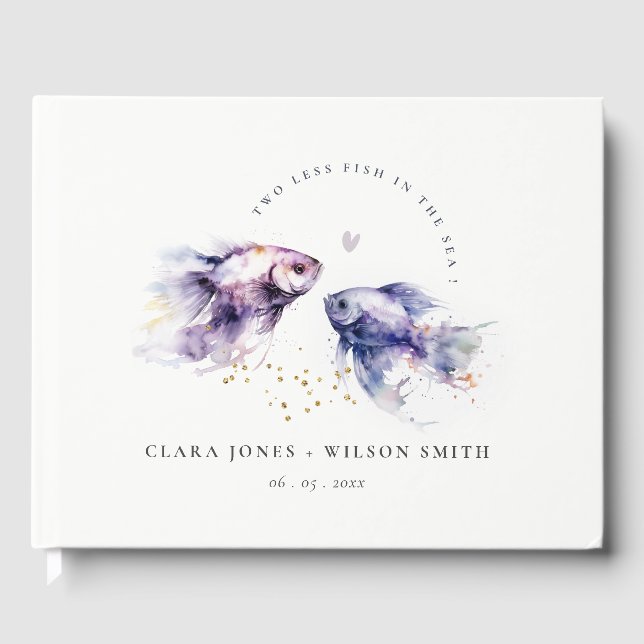 Elegant Lilac Watercolor Coastal Fish Bröllop Gästböcker (Framsida)