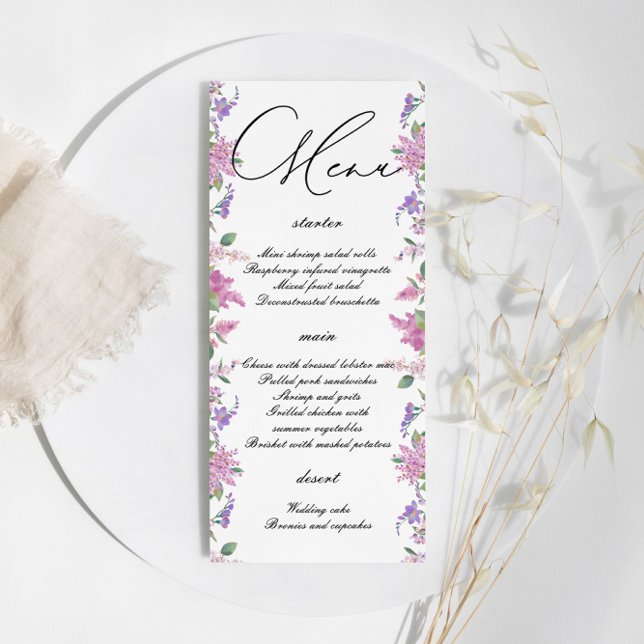 Elegant Lilac Watercolor Flowers Bröllop Meny (Skapare uppladdad)