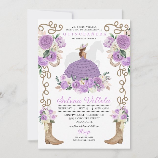 Elegant Lilac Western Charro Princess Quinceañera Inbjudningar (Framsida)