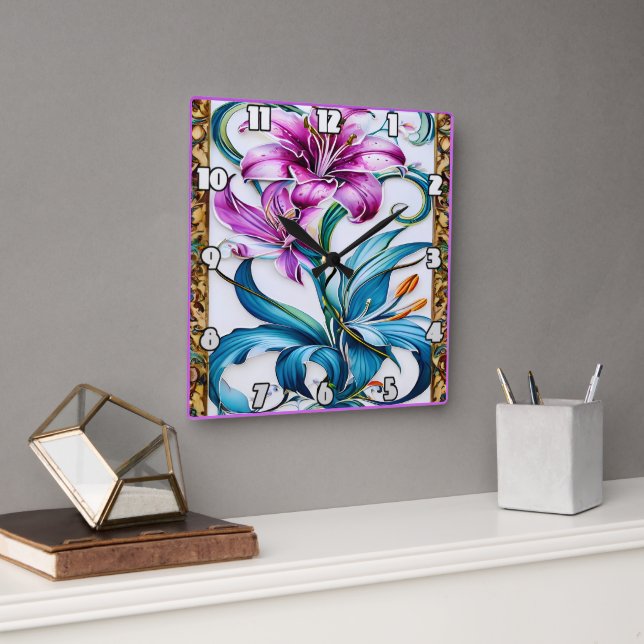 Elegant Lily Artwork with Vibrant Färg Fyrkantig Klocka (Kontor)