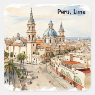 Elegant Lima Peru Akvarell Panorama Utsikt Fyrkantigt Klistermärke