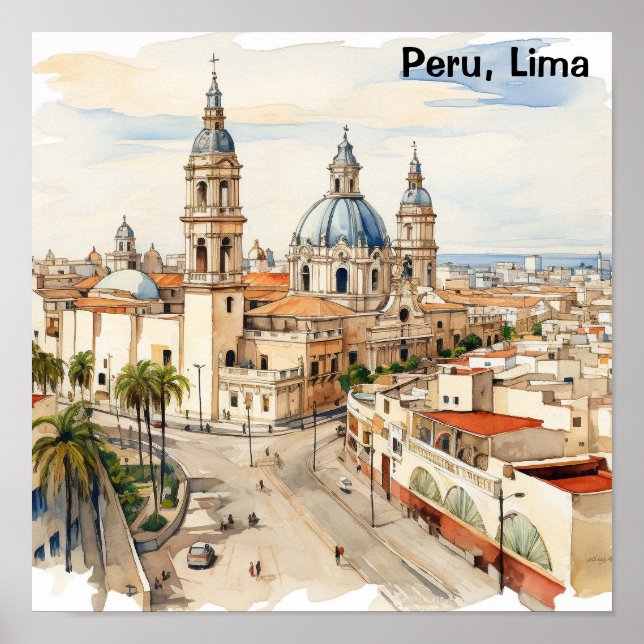 Elegant Lima Peru Akvarell Panorama Utsikt Poster (Framsidan)