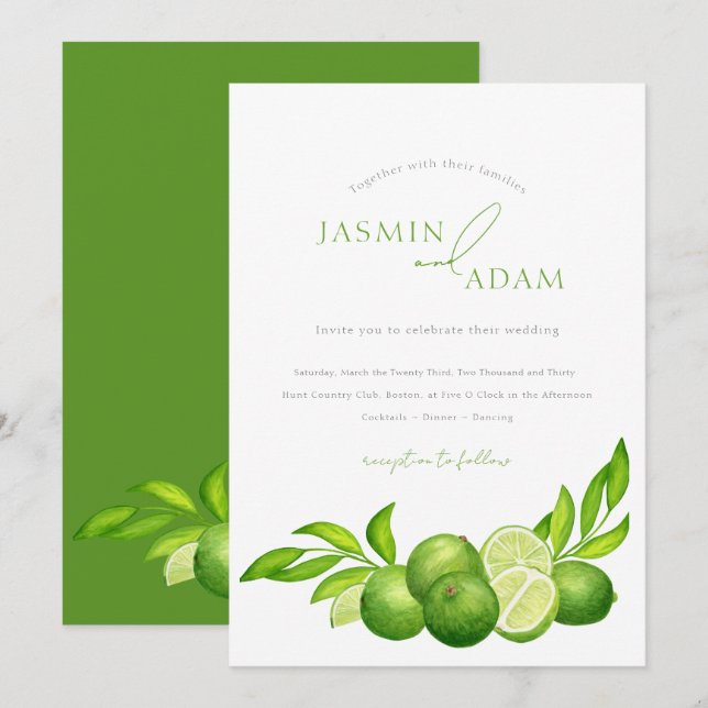 Elegant Lime Botanisk Medelhavsbröllop Inbjudningar (Fram/baksida)