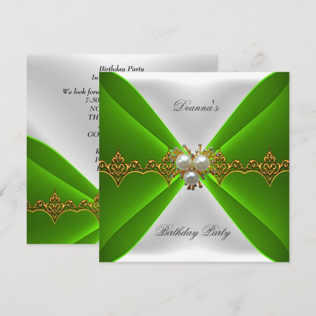 Elegant Lime Green Birthday Guld judel White Silke Inbjudningar (Fram/baksida)