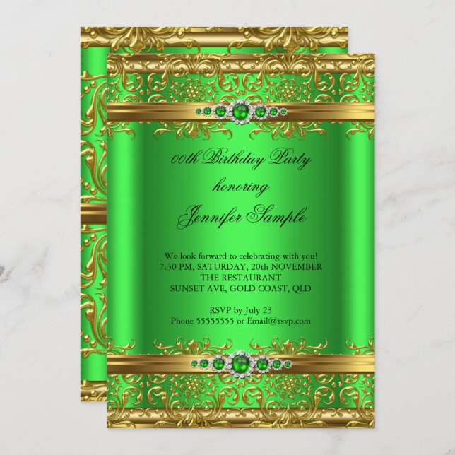 Elegant Lime Green Guld Damask Diamond Birthday Inbjudningar (Fram/baksida)