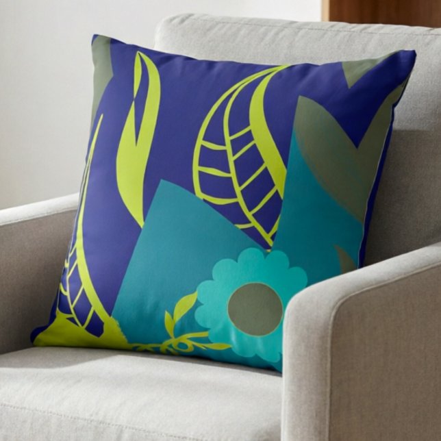 Elegant limegrön och marinblå  kudde (Bright leaves, bold colors this hand drawn pillow brings instant joy to your couch.)