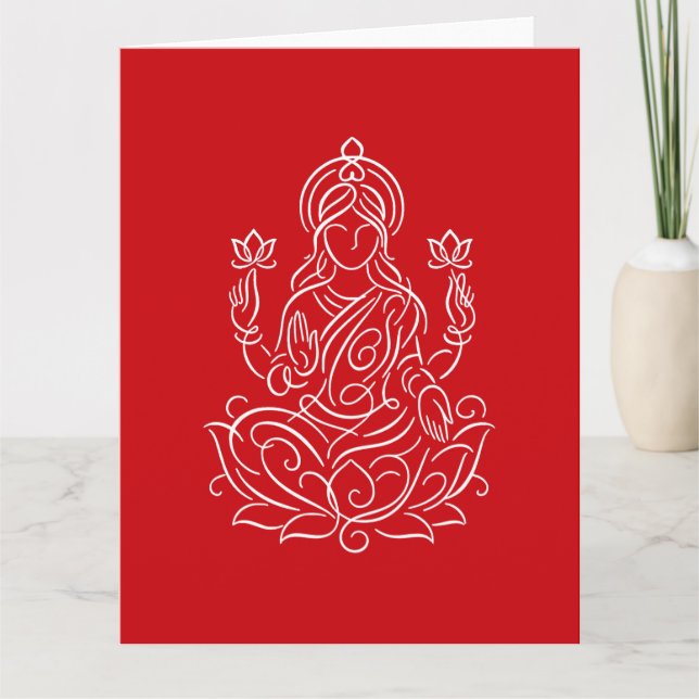 Elegant Line Art of Goddess Lakshmi on Lotus Kort (Framsida)