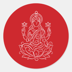 Elegant Line Art of Goddess Lakshmi on Lotus Runt Klistermärke