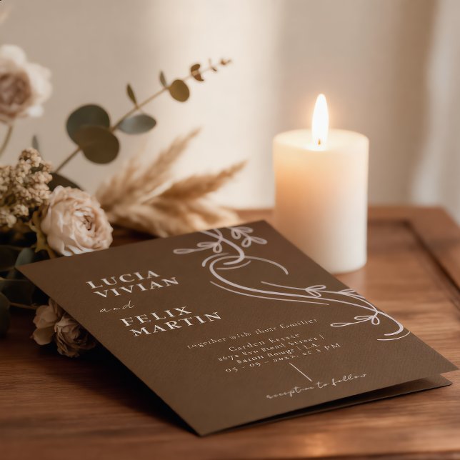 Elegant Line Blommig Linne Espresso Brun Bröllop Inbjudningar (Skapare uppladdad)