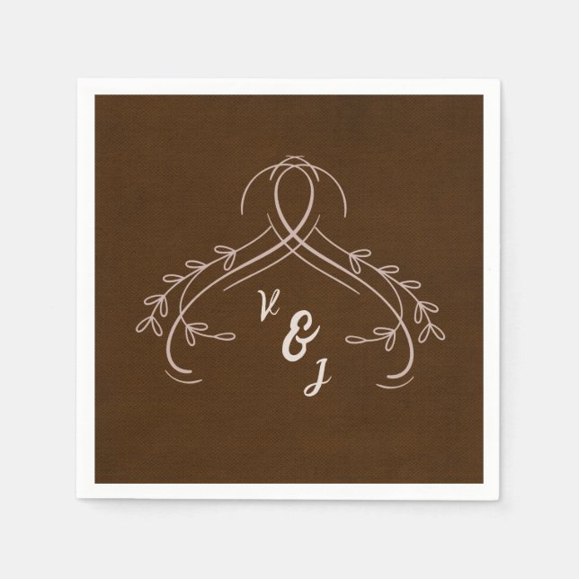 Elegant Line Blommigt Linen Espresso Brown Bröllop Pappersservett (Framsidan)