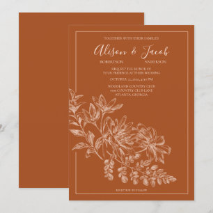 Elegant Line Drawn Blommigt Terra Cotta Bröllop Inbjudningar