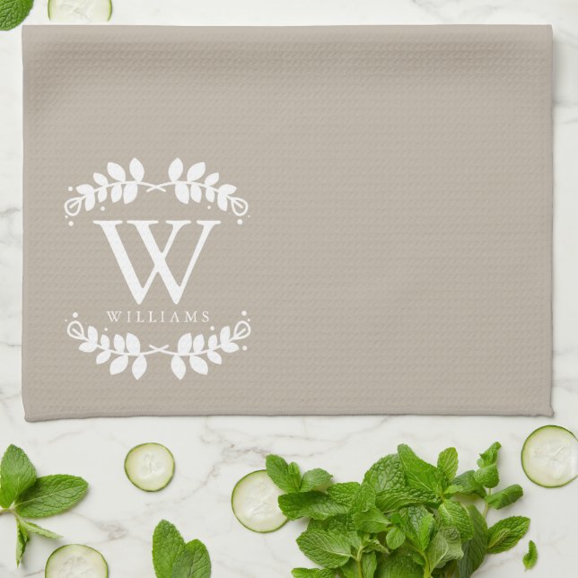 Elegant Linen Beige Monogram Kökshandduk (Vikta)