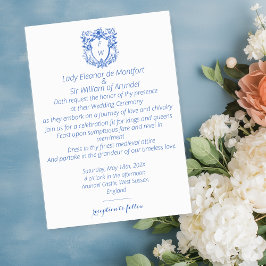 Elegant Linen Blue Vapensköld Monogram Bröllop Inbjudningar
