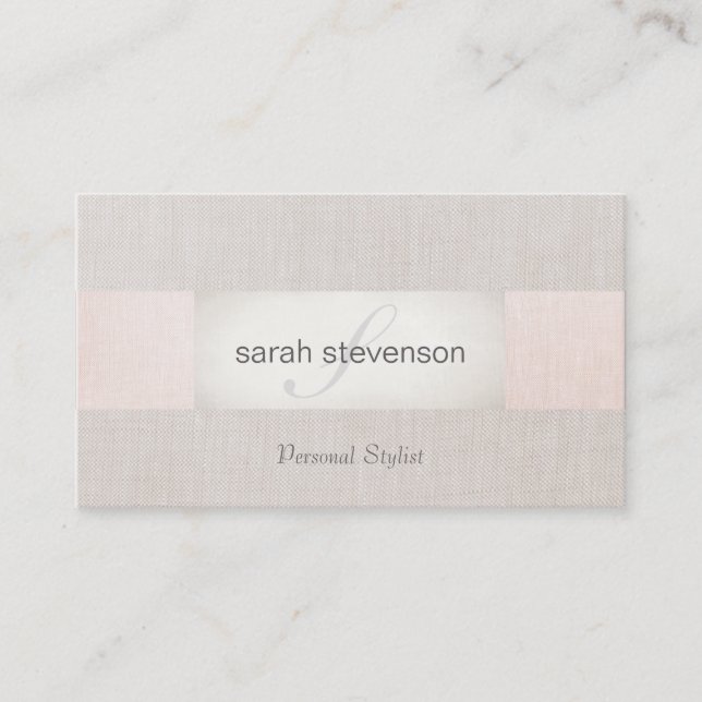 Elegant Linen Stripe Beige och Rosa Monogram Visitkort (Framsida)