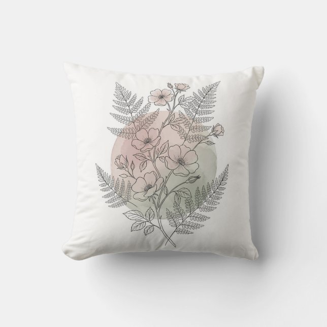 Elegant Linje Konst Rosa Vildros Floral Kudde (Framsida)