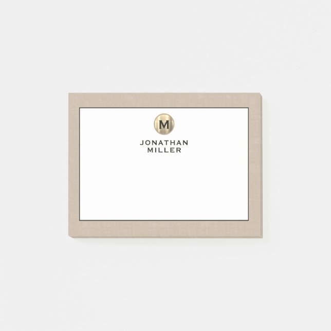 Elegant Linne Guld Monogram Post-it Block (Framsida)