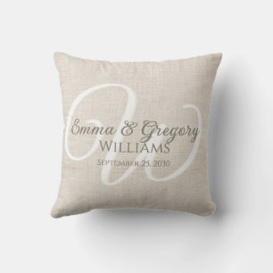 Elegant Linne Vit Monogram Kudde
