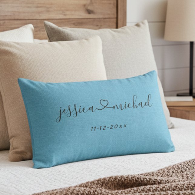 Elegant Liten Sittkudde för Bröllop med Nygifta Pa Lumbarkudde (Connected by heart romantic blue pillow for newlyweds!)