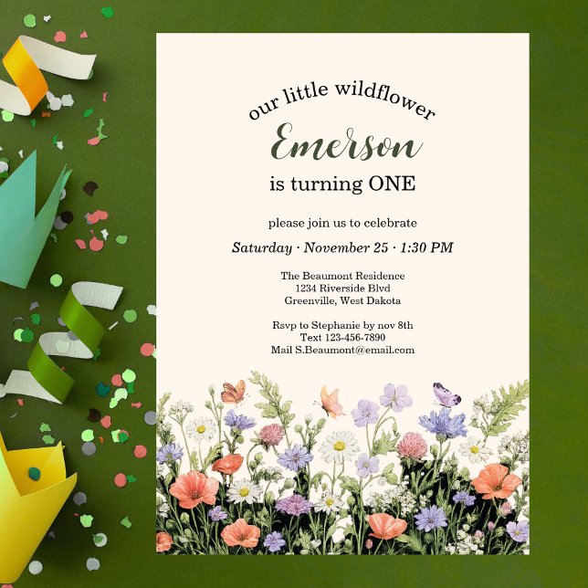 Elegant liten vildblomma 1-års födelsedagsfest inbjudningar (Skapare uppladdad)