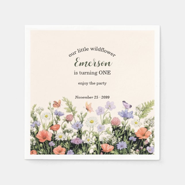 Elegant liten vildblomma 1-års födelsedagsfest pappersservett (Framsidan)