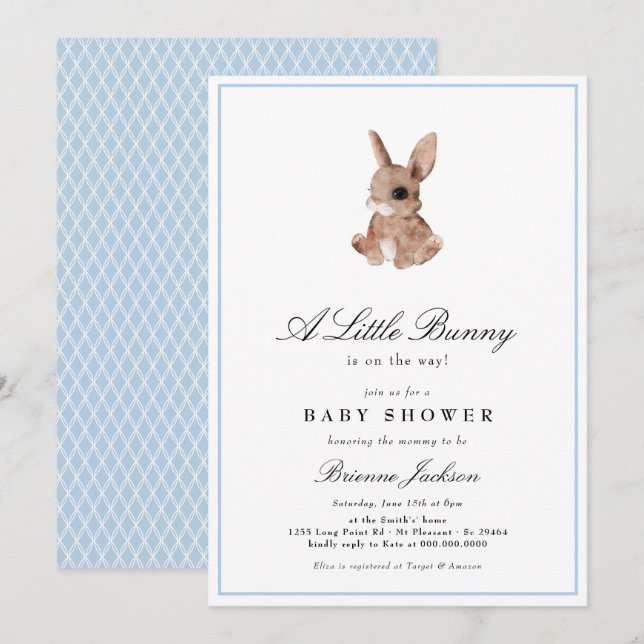 Elegant Little Bunny Blue Boy Baby Shower  Inbjudningar (Fram/baksida)