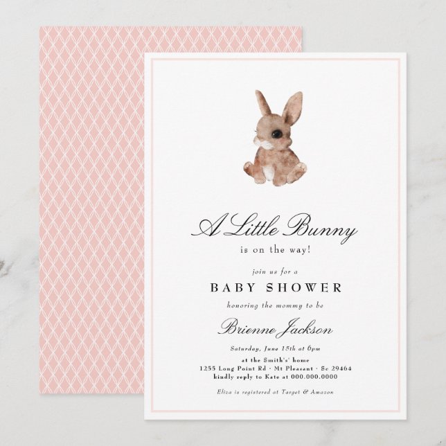 Elegant Little Bunny  Rosa Baby Shower Inbjudningar (Fram/baksida)