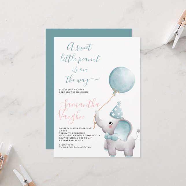 Elegant Little Peanut Elephant Baby Shower Inbjudningar (Fram/Back In Situ)