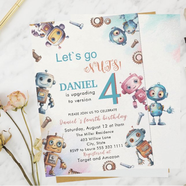 Elegant Little Robot Watercolor Baby Birthday Par Inbjudningar (Skapare uppladdad)