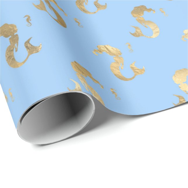 Elegant Little Sjöjungfru Blue och Metallic Guld Presentpapper (Rullad Hörn)