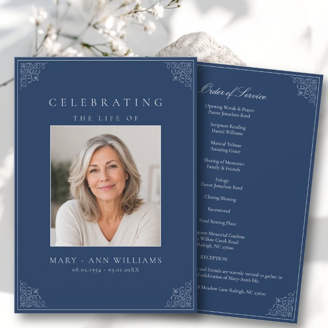 Elegant Livets Firande Foto Begravningsprogram Inbjudningar (Elegant Celebration of Life Photo Blue Funeral Program)