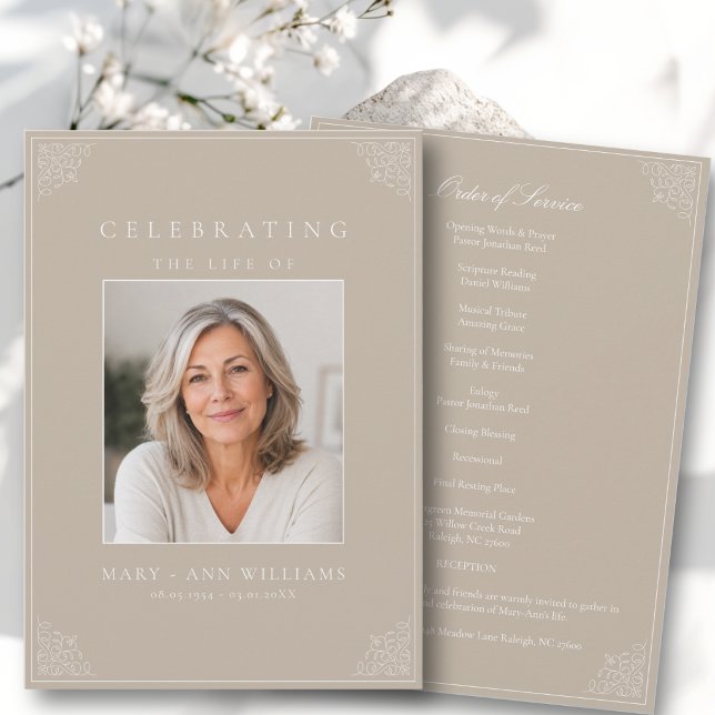 Elegant Livs firande Foto Begravningsprogram Inbjudningar (Elegant Celebration of Life Photo Funeral Program)