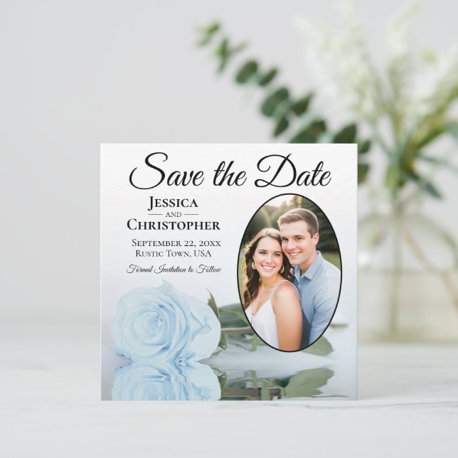 Elegant Ljus Dammgrå Blå Ros & Oval Fotografi Bröl Spara Datumet (Stående Fram)