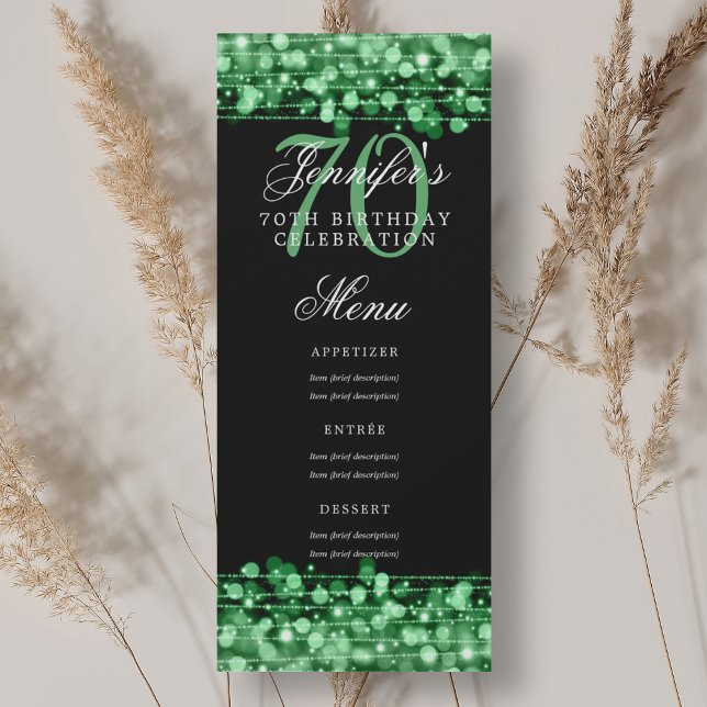 Elegant Ljus för 70:e Födelsedagsfesten Grönt Inbjudningar (Elegant 70th Birthday Party Menu Green Lights Invitation)