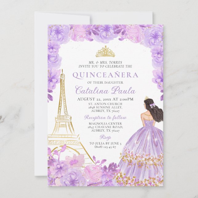 Elegant Ljus Lila Guld Tiara Paris Quinceañera Inbjudningar (Framsida)