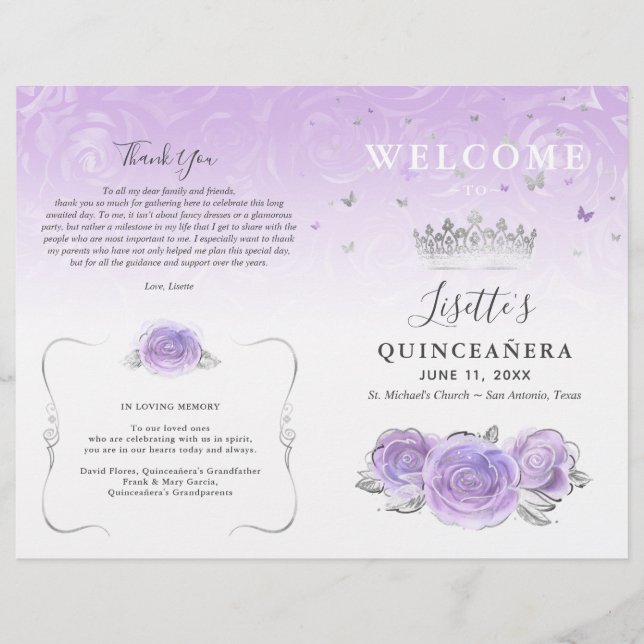 Elegant Ljus Lila Silver Quinceanera Program (Framsida)