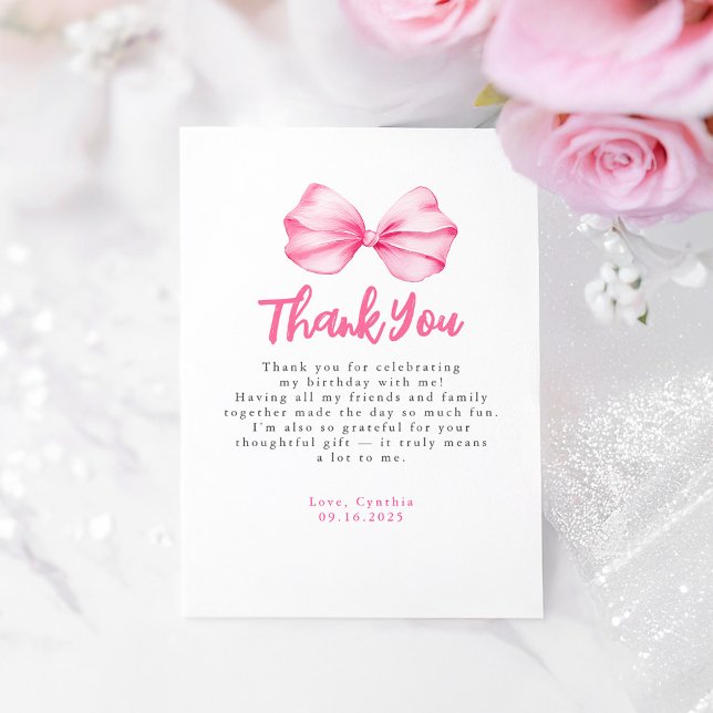 Elegant Ljus rosa Bow Birthday Tack Kort (Pink Bow Birthday Thank You Card)