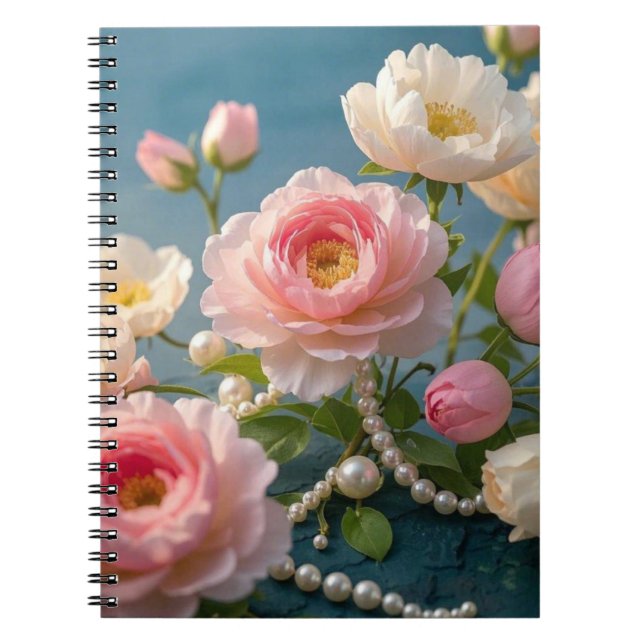 Elegant ljusa rosa  blommor med pärlor anteckningsbok (Framsidan)
